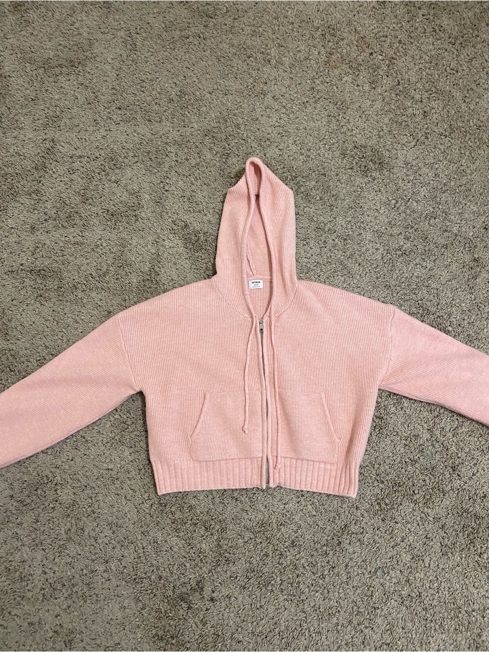 Pink Hooded Cropped Zip-up Women's Sweater